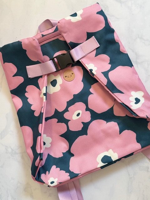 Mochila Porta-proyecto - Flores rosa en fondo azul