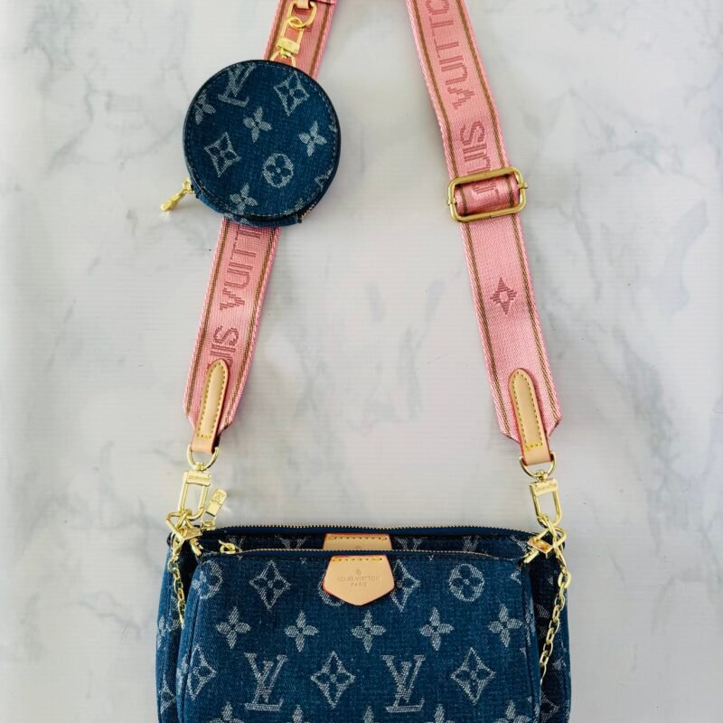 Bandolera multipochete LV jean con correa rosa