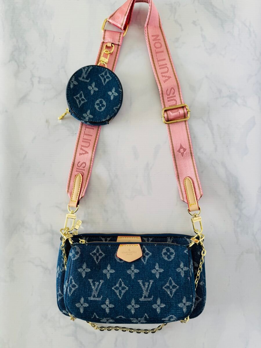 Bandolera multipochete LV jean con correa rosa